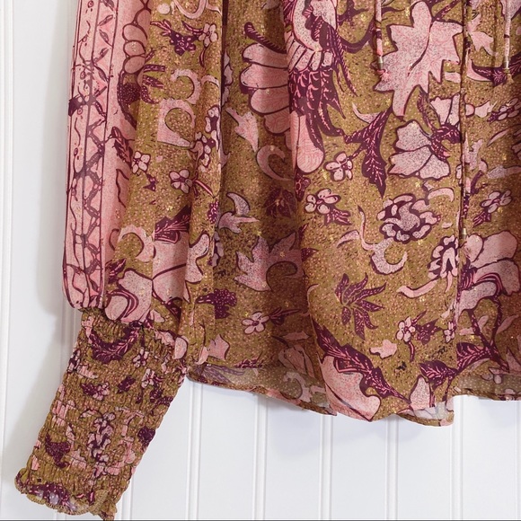 O.P.T. One Pretty Thing x Anthropologie Floral Smocked Balloon Sleeves Top NWT - Picture 3 of 8